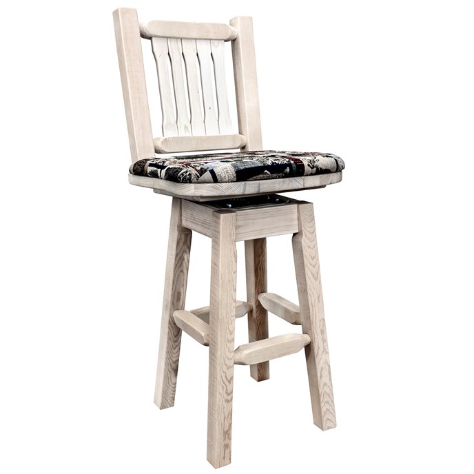 Homestead Barstool w/ Back, Swivel & Upholstered Seat in Woodland Pattern - Clear Lacquer Finish Thumbnail