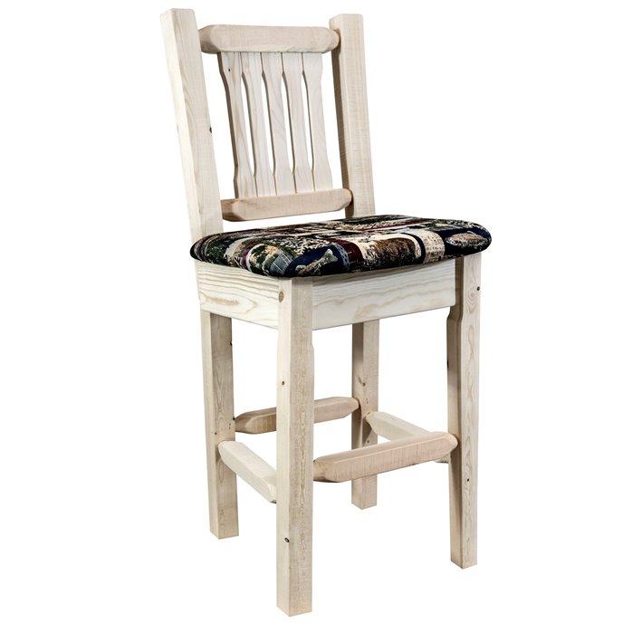 Homestead Counter Height Barstool w/ Back & Woodland Upholstery - Clear Lacquer Finish Thumbnail
