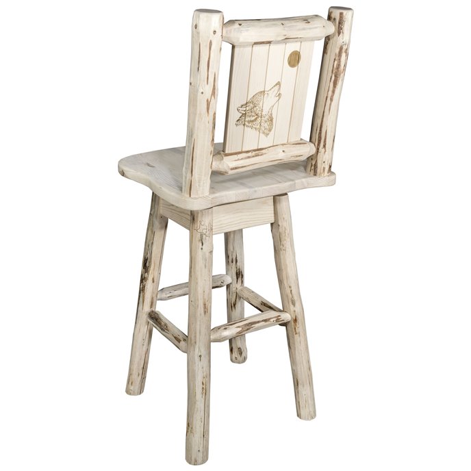 Montana Barstool w/ Back, Swivel, & Laser Engraved Wolf Design - Clear Lacquer Finish Thumbnail