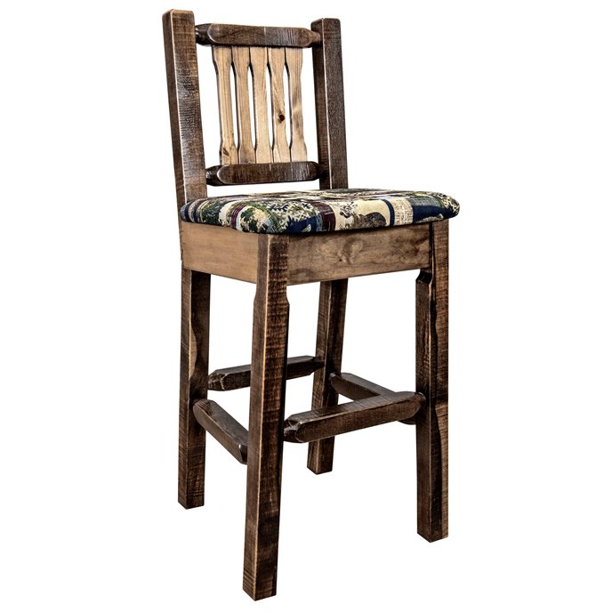 Homestead Counter Height Barstool w/ Back & Woodland Upholstery - Stain & Lacquer Finish Thumbnail