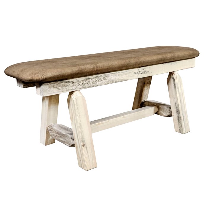 Homestead Plank Style 45 Inch Bench w/ Buckskin Upholstery - Clear Lacquer Finish Thumbnail