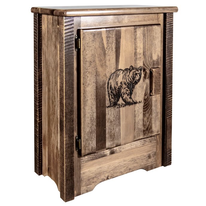 Homestead Left Hinged Accent Cabinet w/ Laser Engraved Bear Design - Stain & Clear Lacquer Finish Thumbnail