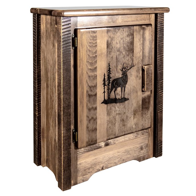 Homestead Left Hinged Accent Cabinet w/ Laser Engraved Elk Design - Stain & Clear Lacquer Finish Thumbnail