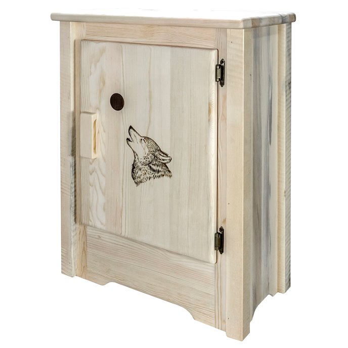 Homestead Right Hinged Accent Cabinet w/ Laser Engraved Wolf Design - Clear Lacquer Finish Thumbnail