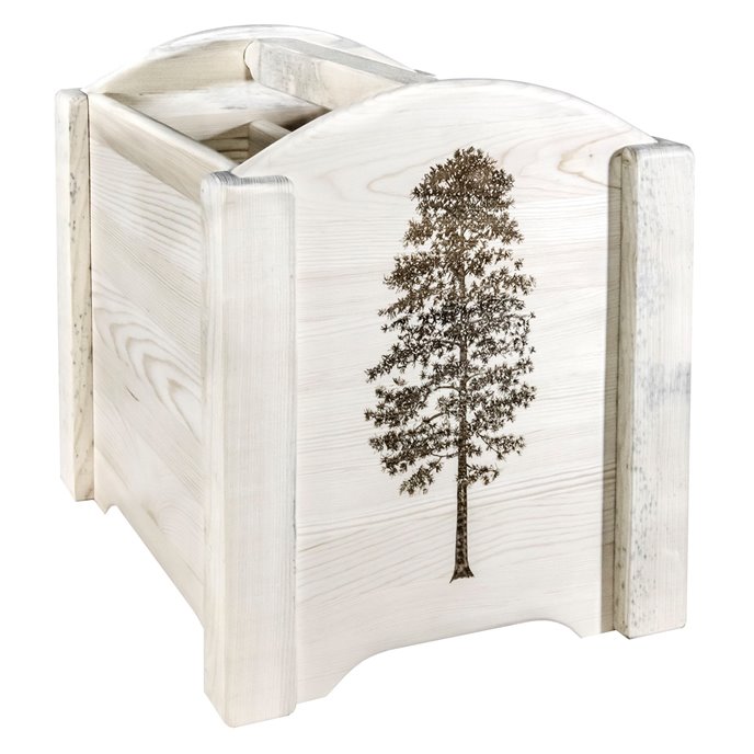 Homestead Magazine Rack w/ Laser Engraved Pine Design - Clear Lacquer Finish Thumbnail