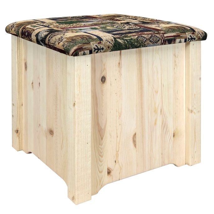 Homestead Upholstered Ottoman w/ Storage & Woodland Upholstery - Clear Lacquer Finish Thumbnail