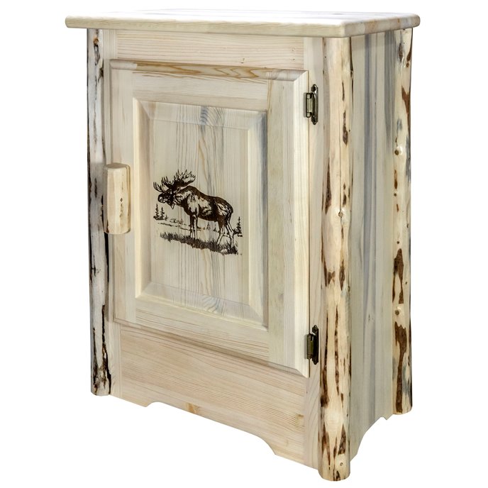 Montana Right Hinged Accent Cabinet w/ Laser Engraved Moose Design - Clear Lacquer Finish Thumbnail
