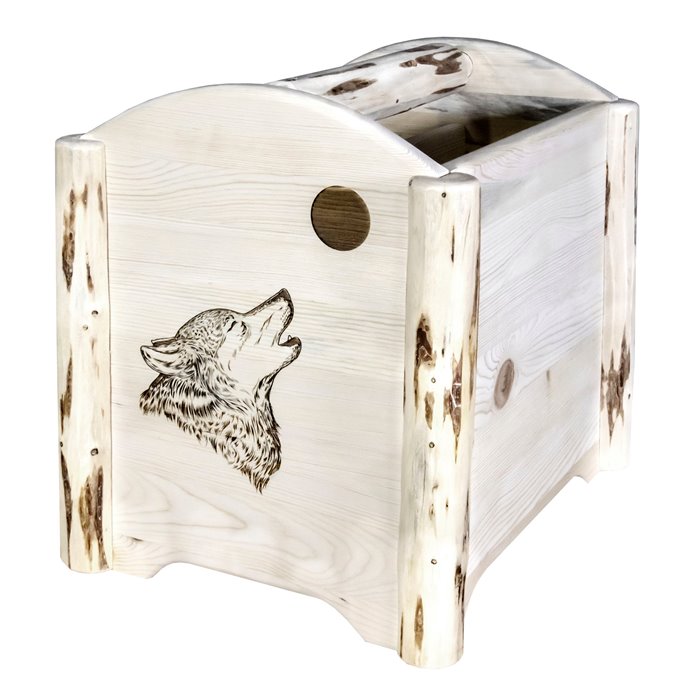 Montana Magazine Rack w/ Laser Engraved Wolf Design - Clear Lacquer Finish Thumbnail