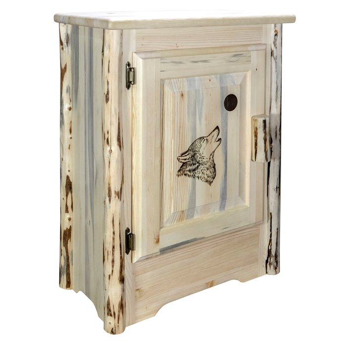 Montana Left Hinged Accent Cabinet w/ Laser Engraved Wolf Design - Clear Lacquer Finish Thumbnail