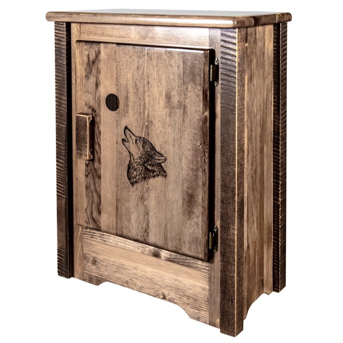 Homestead Right Hinged Accent Cabinet w/ Laser Engraved Wolf Design - Stain & Clear Lacquer Finish Thumbnail
