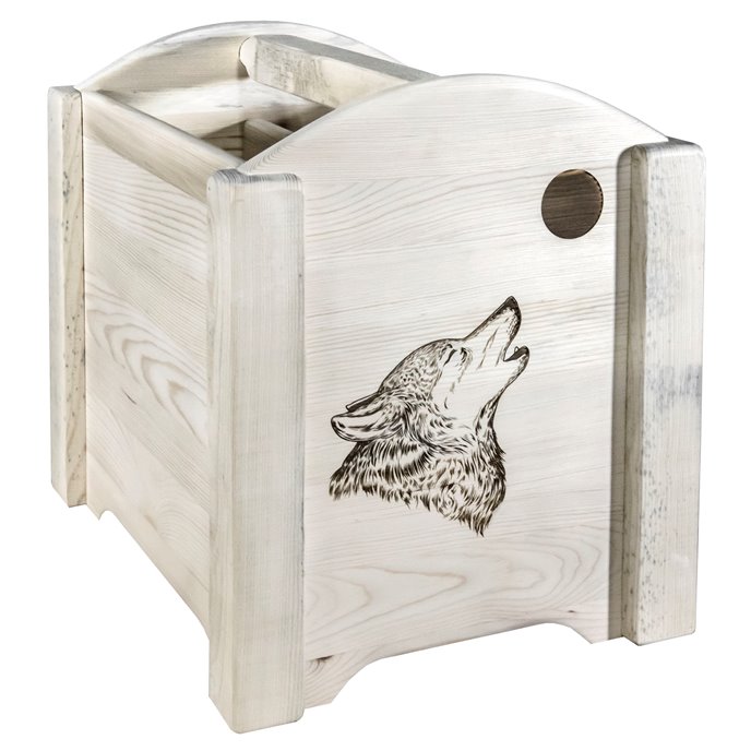 Homestead Magazine Rack w/ Laser Engraved Wolf Design - Clear Lacquer Finish Thumbnail