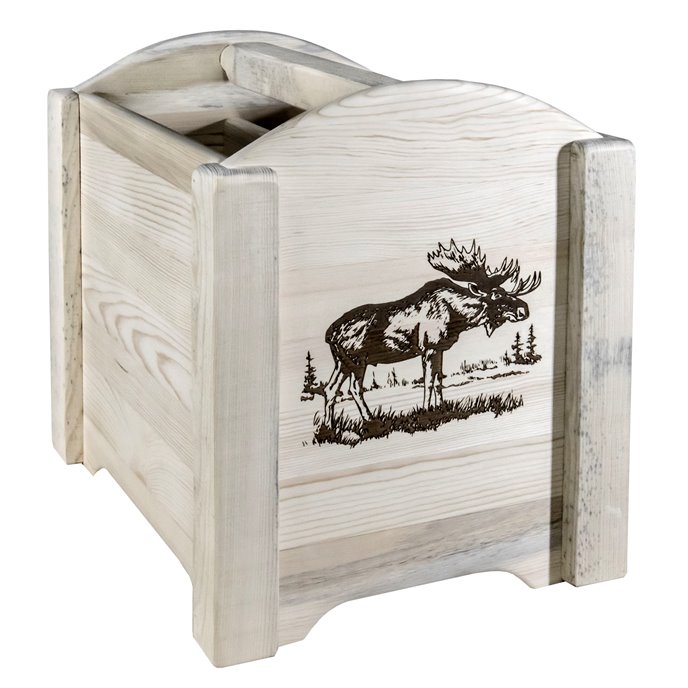 Homestead Magazine Rack w/ Laser Engraved Moose Design - Clear Lacquer Finish Thumbnail