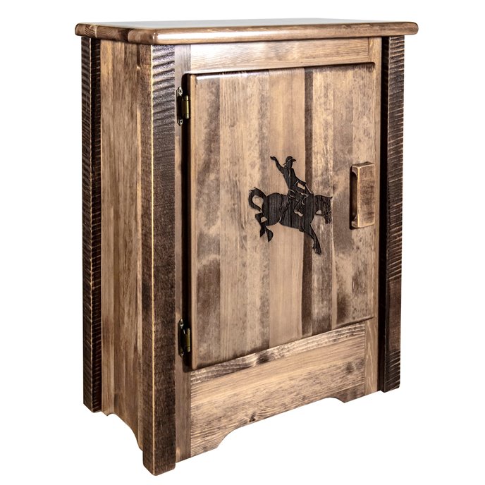 Homestead Left Hinged Accent Cabinet w/ Laser Engraved Bronc Design - Stain & Clear Lacquer Finish Thumbnail