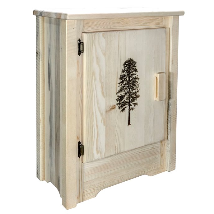 Homestead Left Hinged Accent Cabinet w/ Laser Engraved Pine Design - Clear Lacquer Finish Thumbnail