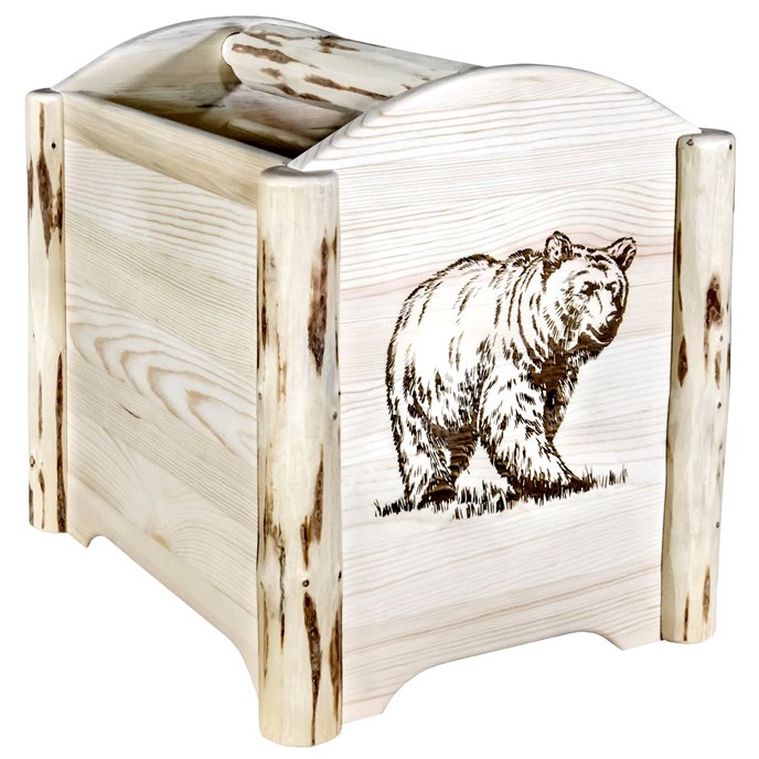 Montana Magazine Rack w/ Laser Engraved Bear Design - Clear Lacquer Finish Thumbnail