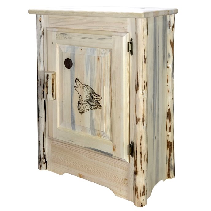 Montana Right Hinged Accent Cabinet w/ Laser Engraved Wolf Design - Clear Lacquer Finish Thumbnail