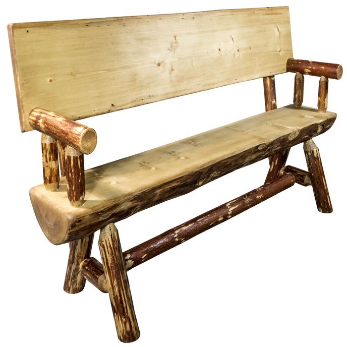 Glacier 4 Foot Half Log Bench w/ Back & Arms - Exterior Stain Finish Thumbnail