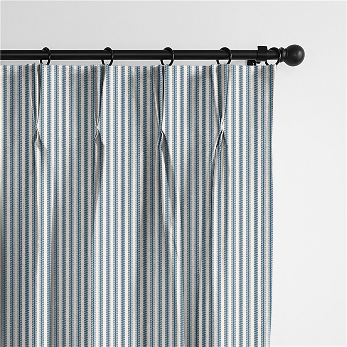 Cruz Ticking Stripes Indigo/Ivory Pinch Pleat Drapery Panel - Pair - Size 20"x108" Thumbnail