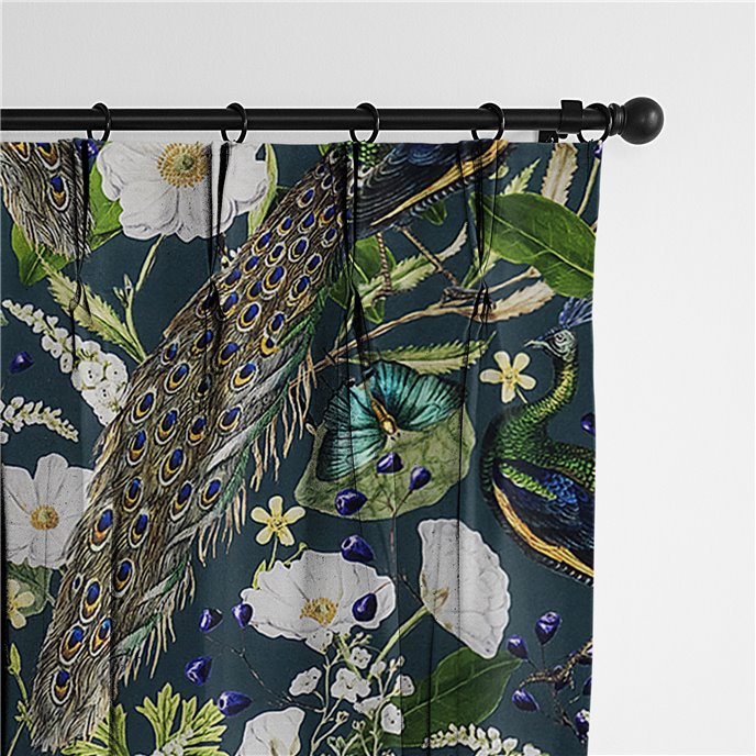 Peacock Print Teal/Navy Pinch Pleat Drapery Panel - Pair - Size 40"x96" Thumbnail