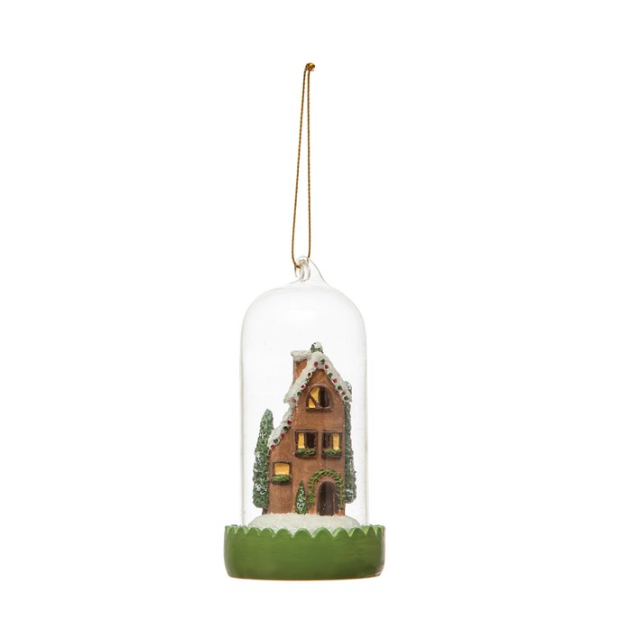 House in Miniature Glass Cloche Ornament with LED Light Thumbnail