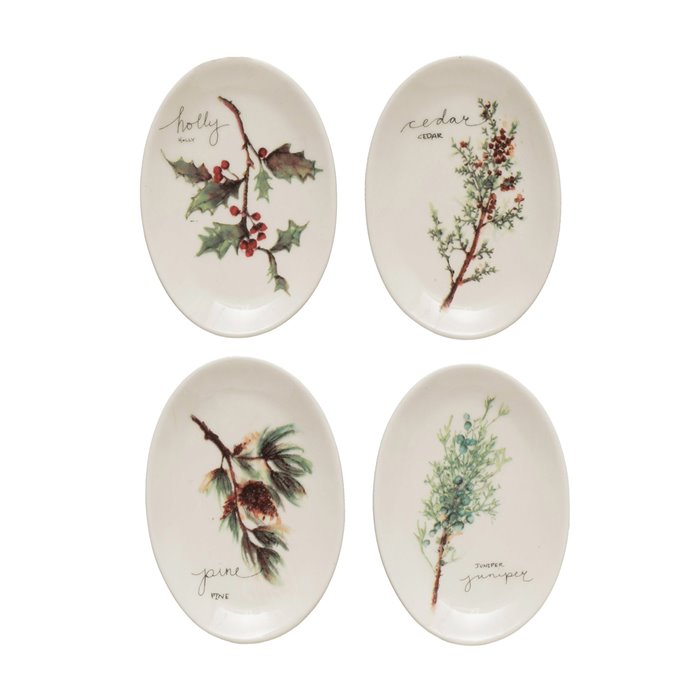 Set of 4 Assorted Stoneware Dishes with Holiday Sprigs Design Thumbnail