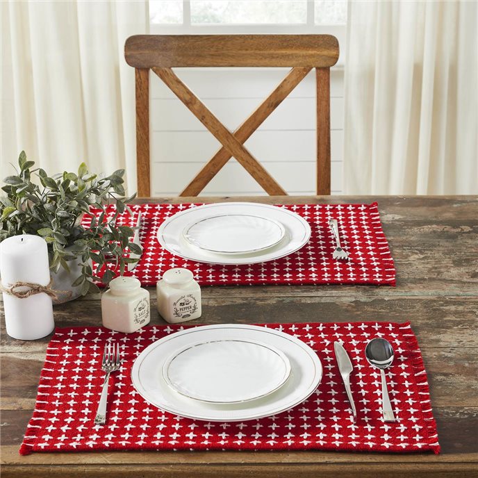 Gallen Red White Placemat Set of 2 Fringed 13x19 Thumbnail
