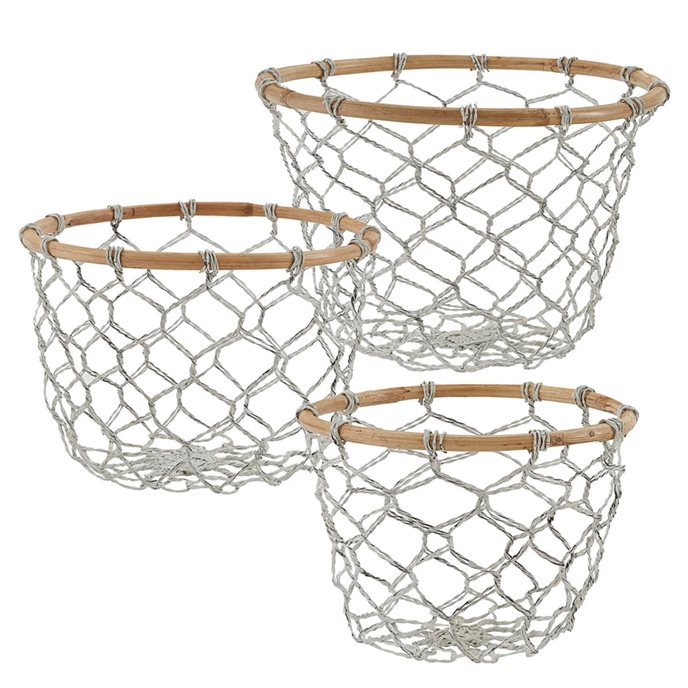 Round Fishnet Wire And Wood Baskets Set Of 3 Thumbnail