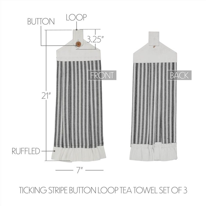 Sawyer Mill Black Ticking Stripe Button Loop Tea Towel Set of 3 Thumbnail