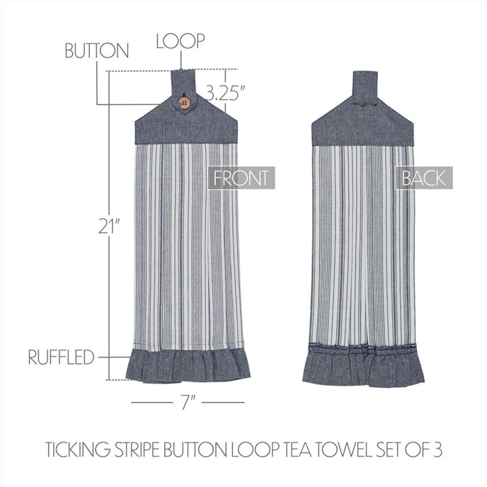 Sawyer Mill Blue Ticking Stripe Button Loop Tea Towel Set of 3 Thumbnail