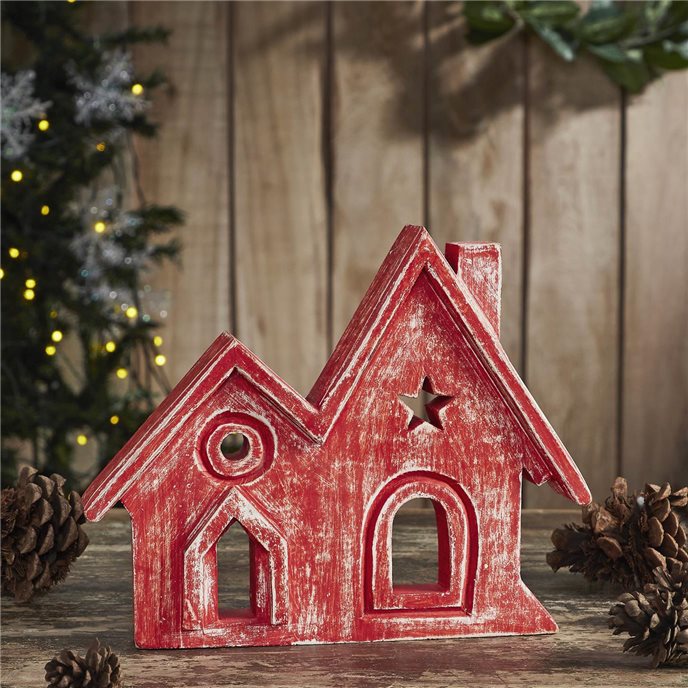 Village Twin House Red w/ Star Wooden Figurine 9.5x7.5x1.5 Thumbnail