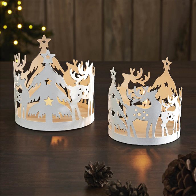 Winter Reindeer White Metal Candle Holder Set of 2 - 4.12/4.8 inch Thumbnail