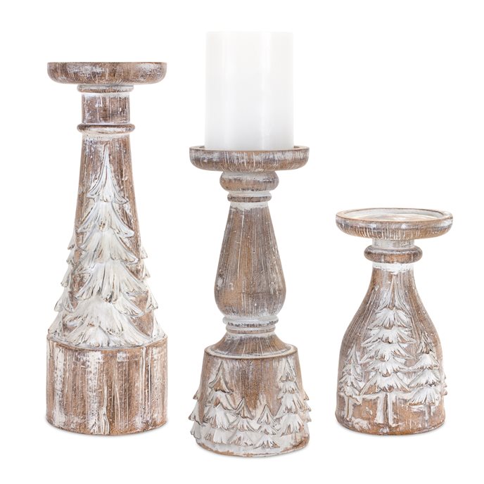 White Washed Carved Pine Tree Design Candle Holder (Set of 3) Thumbnail
