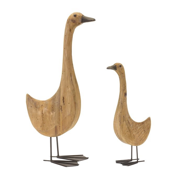 Natural Fir Wood Goose Figurine with Rustic Metal Accents (Set of 2) Thumbnail
