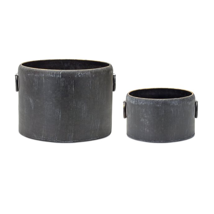 Round Distressed Metal Planter with Handles (Set of 2) Thumbnail
