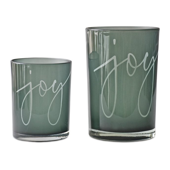 Green Glass Joy Candle Holder (Set of 2) Thumbnail