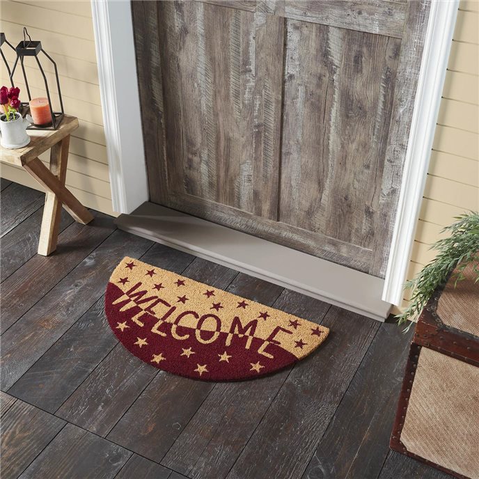 Burgundy Tan Stars Coir Welcome Rug Half Circle 16.5x33 Thumbnail