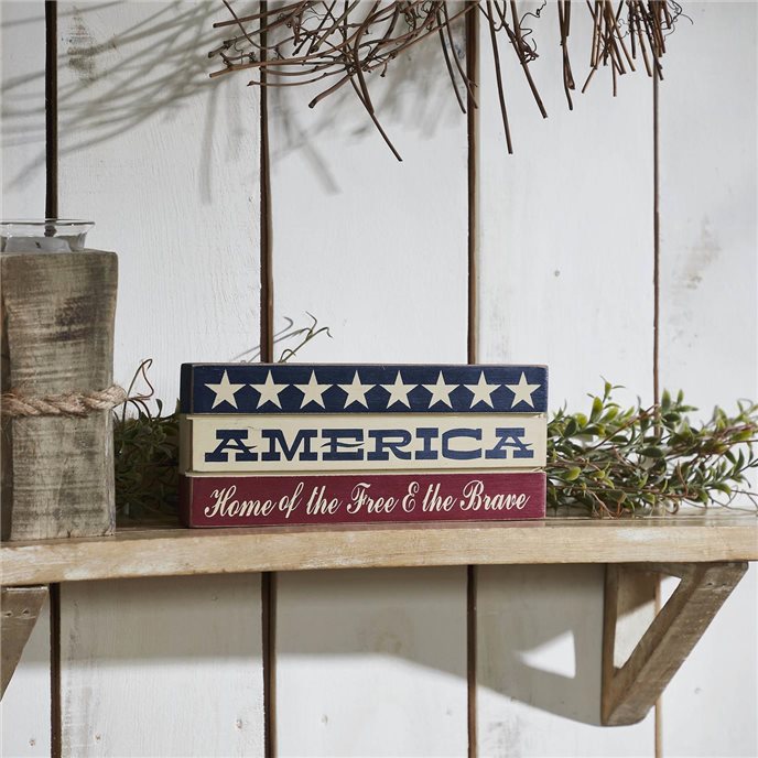 AMERICA Home Of The Free And The Brave w/ White Stars On Blue Stripe MDF Sign 3.5x9 Thumbnail