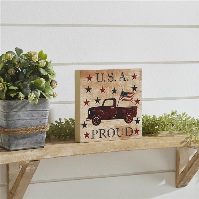 My Country USA Proud Red Truck w/ Red &amp; Blue Stars MDF Block Sign 6x6x1 Thumbnail