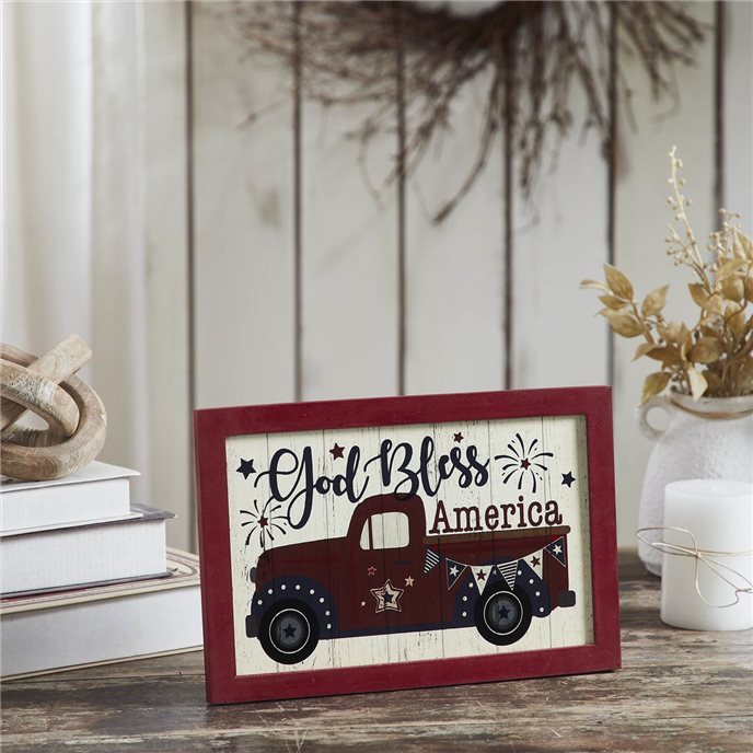 Shiplap God Bless America Red Truck Bunting &amp; Fireworks MDF Wall Sign 8x12 Thumbnail
