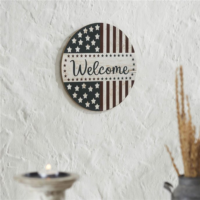 Welcome Stars &amp; Stripes Round Wall Hanging 11 Inch Diameter Thumbnail