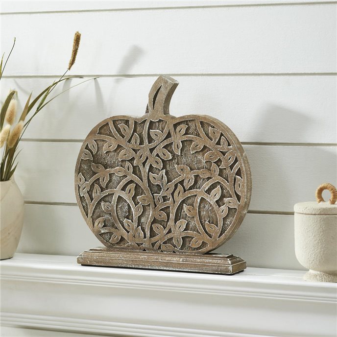 Harvest Vine Carved Wooden Pumpkin Natural 12x11x2 Thumbnail