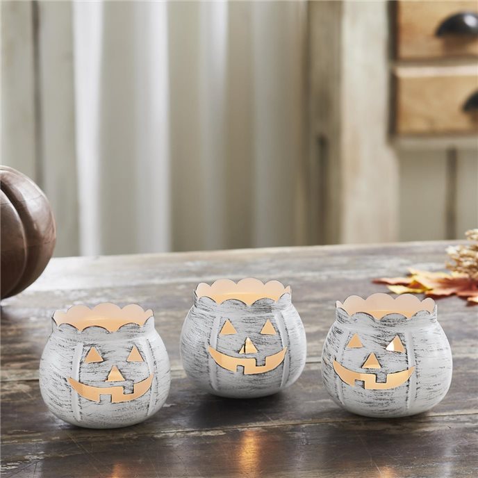 Jack-O-Lantern Candle Holder Antique White Set of 3 - 3x3.5x3.5 Thumbnail