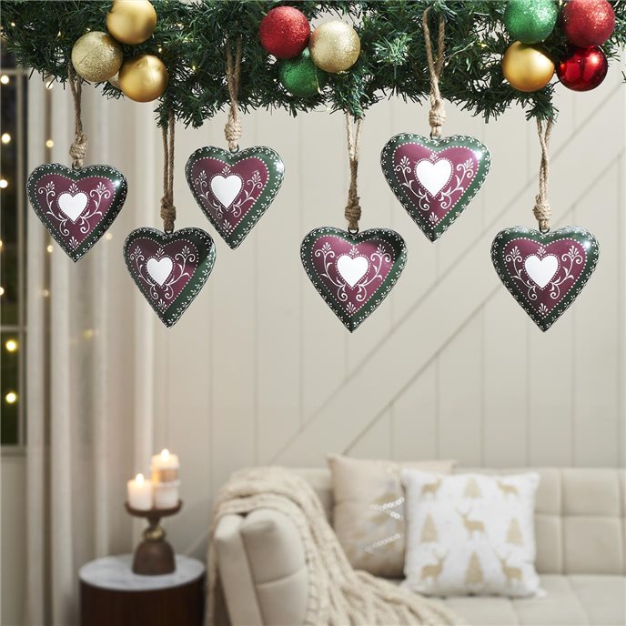 Burgundy Heritage Metal Heart Ornament Set of 6 - 5 inch Thumbnail