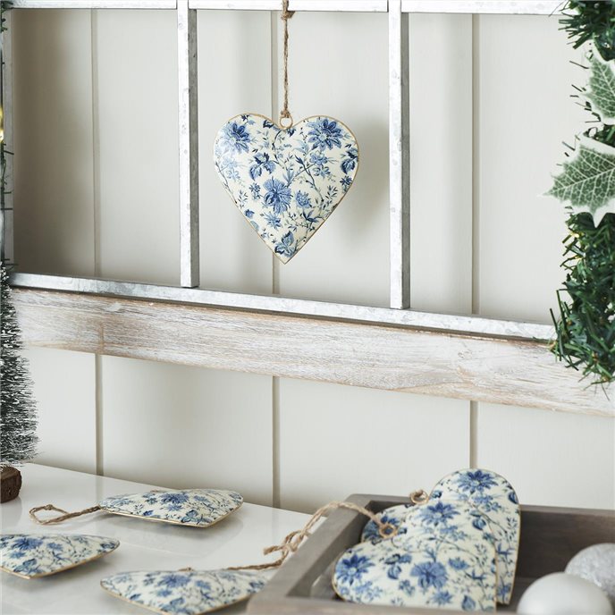 Cottage Blue Floral Metal Ornament Set of 6 - 4 inch Thumbnail