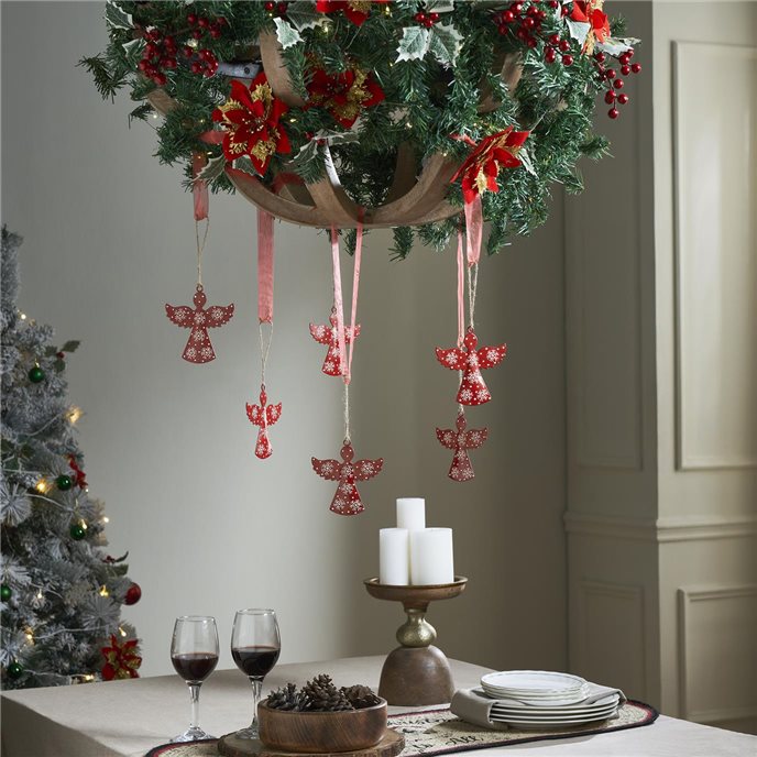 Falling Snow Red Angel Metal Ornament Set of 6 - 4.4 inch Thumbnail
