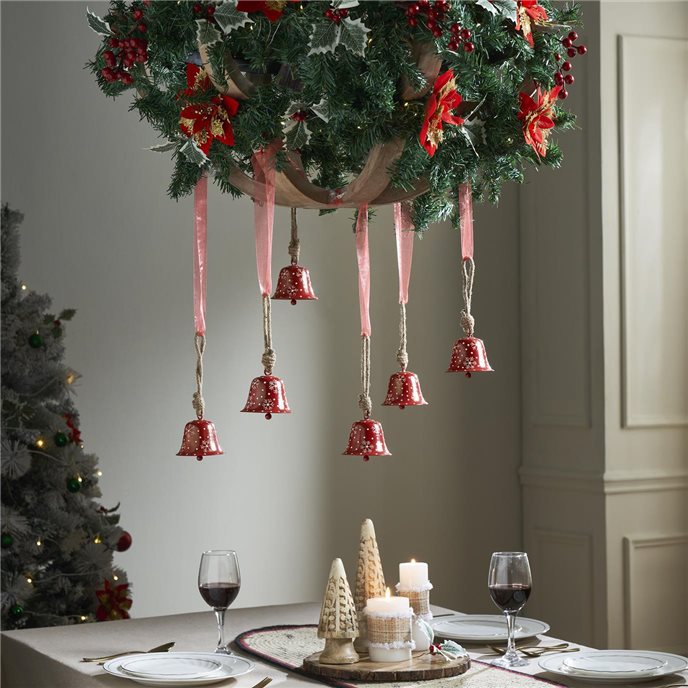 Falling Snow Red Bell Metal Ornament Set of 6 - 3.2 inch Thumbnail