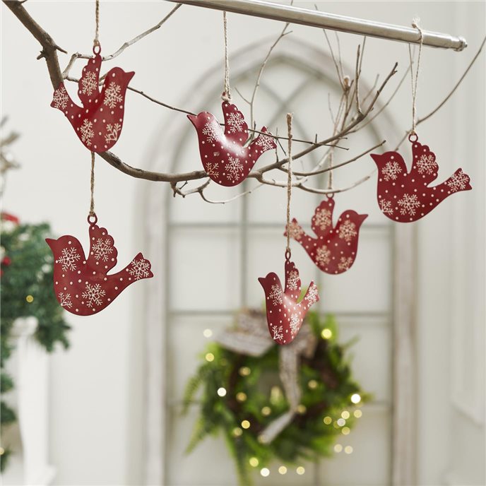 Falling Snow Red Bird Metal Ornament Set of 6 - 3.5 inch Thumbnail