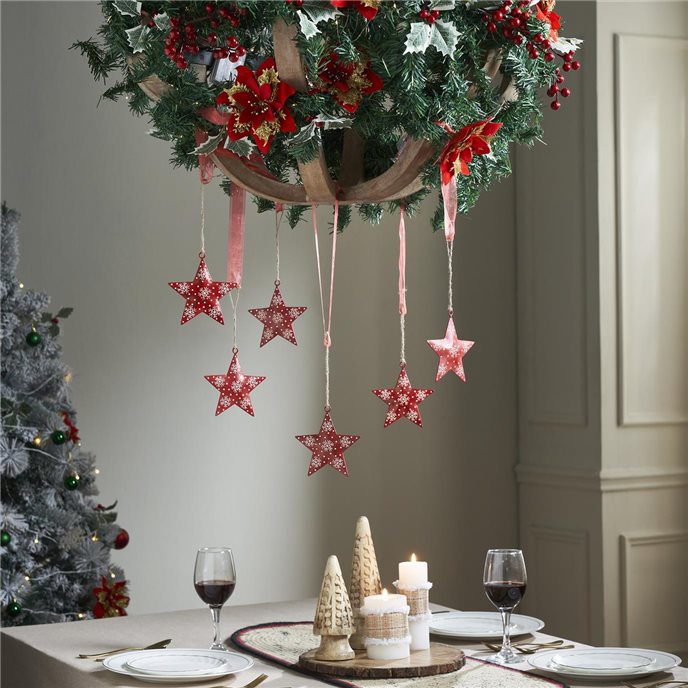 Falling Snow Red Star Metal Ornament Set of 6 - 4 inch Thumbnail