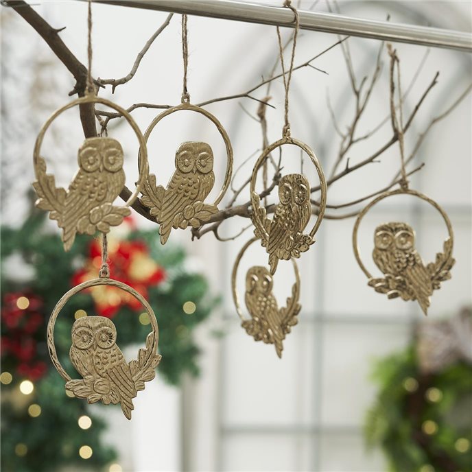 Golden Owl Metal Ornament Set of 6 - 4.5 inch Thumbnail