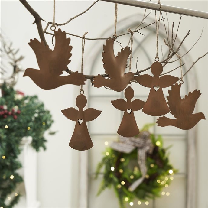 Rust Angel and Dove Metal Ornaments Set of 6 - 4.5/5 inch Thumbnail